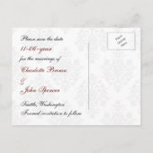 regal flourish black and red  save the date announcement postcard (Back)