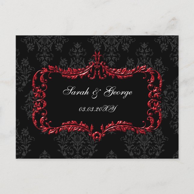 regal flourish black and red  save the date announcement postcard (Front)