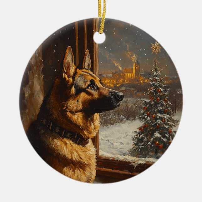 Regal German Shepherd Christmas Tree Oil Painting  Ceramic Ornament (Front)