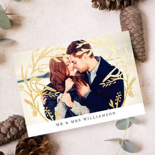 Regal Gold Bird  Branch Monogram Newlyweds Photo Holiday Card
