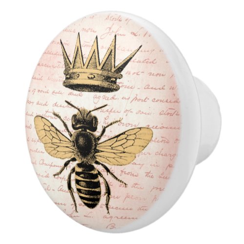 Regal Gold Crown Queen Bee Pink French Handwriting Ceramic Knob