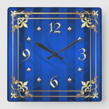 Regal Gold Filigree Blue Stripe Clock by TheInspiredEdge at Zazzle