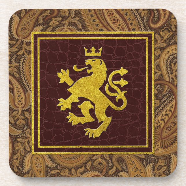 Regal Gold Lion Paisley and Leather Patterns Beverage Coaster (Front)