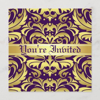 Regal Gold Metal Damask Purple Scroll Invitation by TheInspiredEdge at Zazzle