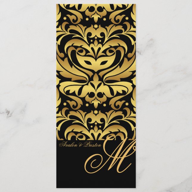 Regal Gold Monogram Damask Wedding Menu (Front)