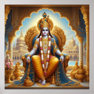 Regal Gold Ornate Krishna Dwarkadheesh Throne Art Poster