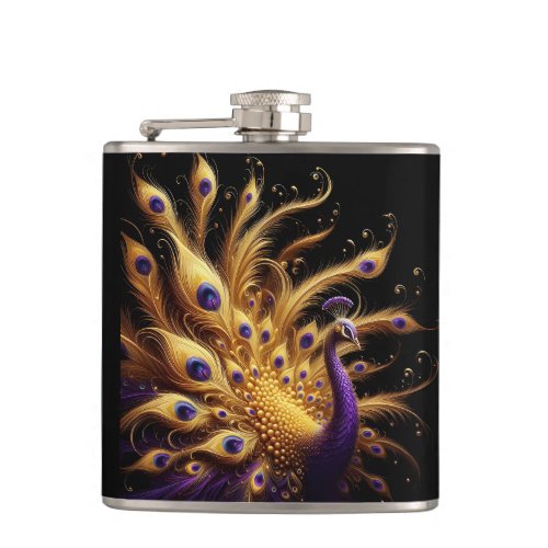 Regal Golden Peacock With Purple Plumage Flask