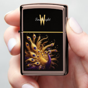 Regal Golden Peacock With Purple Plumage Zippo Lighter