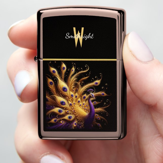 Regal Golden Peacock With Purple Plumage Zippo Lighter (In Hand)