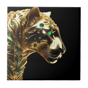 Regal Grace: The Gold Jaguar Adorned with Emeralds Ceramic Tile