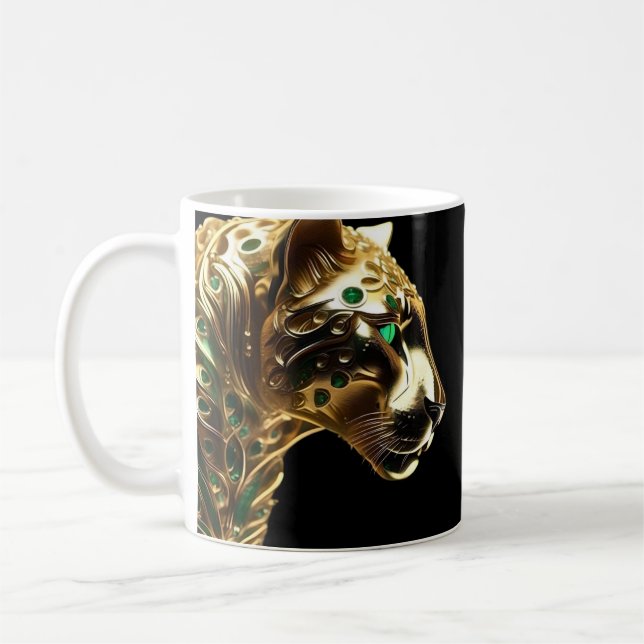 Regal Grace: The Gold Jaguar Adorned with Emeralds Coffee Mug (Left)