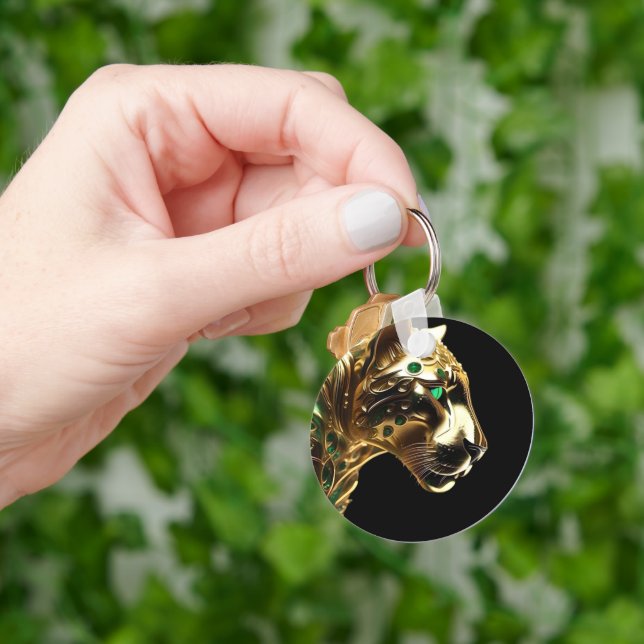 Regal Grace: The Gold Jaguar Adorned with Emeralds Keychain (Hand)