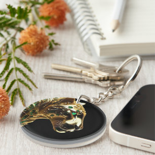 Regal Grace: The Gold Jaguar Adorned with Emeralds Keychain