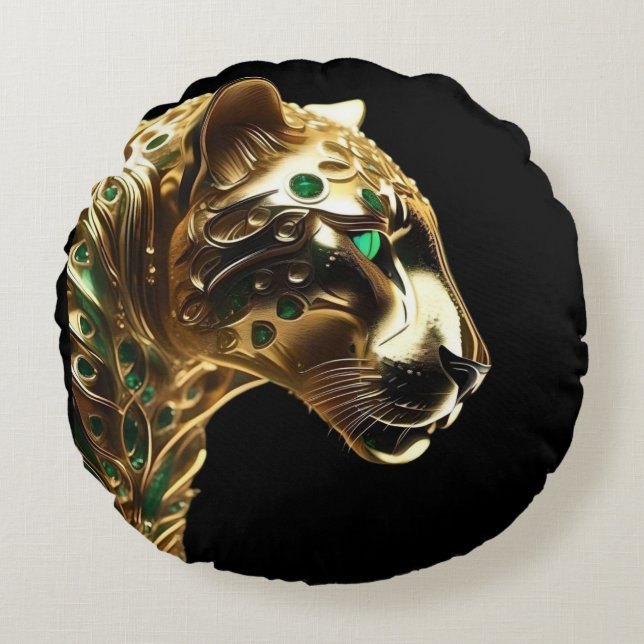 Regal Grace: The Gold Jaguar Adorned with Emeralds Round Pillow (Front)
