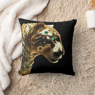 Regal Grace: The Gold Jaguar Adorned with Emeralds Throw Pillow