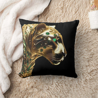 Regal Grace: The Gold Jaguar Adorned with Emeralds Throw Pillow