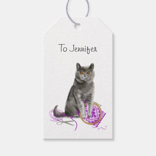 Regal Grey Cat Sewing Personalized Gift Tags