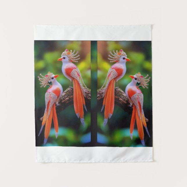Regal Jewel-Crested Birds – Ornate Fantasy Art Tapestry (Front)