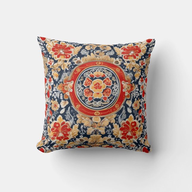 Regal Khokhloma: Ornate Floral Medallion Throw Pillow (Front)