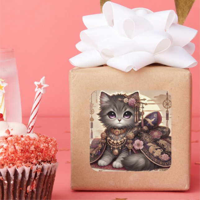 Regal Kimono Princess Cat Square Sticker (Party)