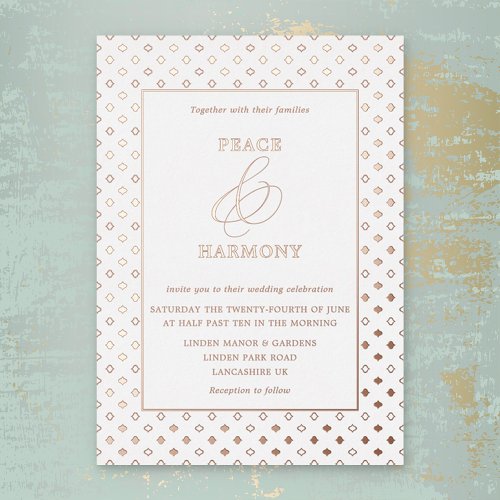 Regal Lattice Border Rose Gold White Wedding Foil Invitation