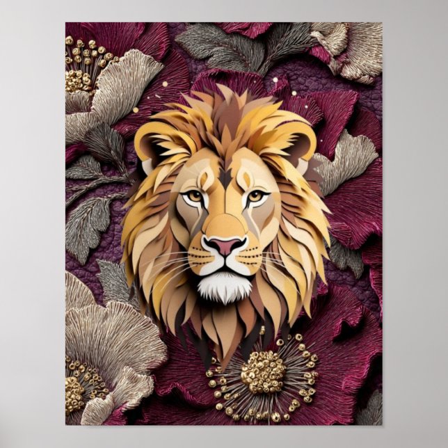 Regal Lion Bloom in Layered Paper-Cut Florals Poster (Front)