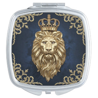 Regal Lion Design - Navy Blue & Gold Luxury Compact Mirror