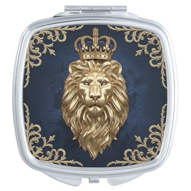 Regal Lion Design - Navy Blue & Gold Luxury  Compact Mirror (Front)