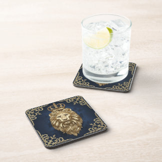 Regal Lion Design - Navy Blue & Gold Luxury Decor Beverage Coaster