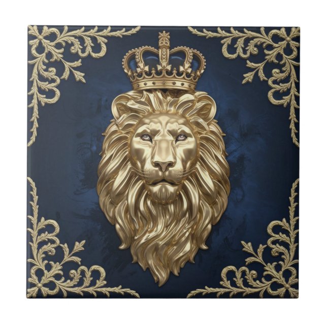 Regal Lion Design - Navy Blue & Gold Luxury Decor Ceramic Tile (Front)