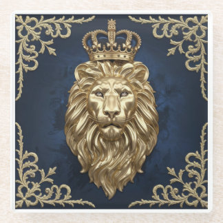 Regal Lion Design - Navy Blue & Gold Luxury Decor Glass Coaster