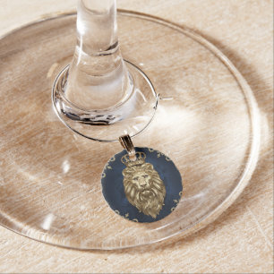 Regal Lion Design - Navy Blue & Gold Luxury Decor Wine Charm