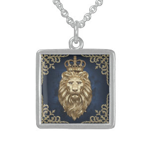 Regal Lion Design - Navy Blue & Gold Luxury Sterling Silver Necklace