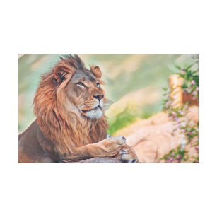 Regal Lion Sunbathing With Flowers Graphic Art Canvas Print
