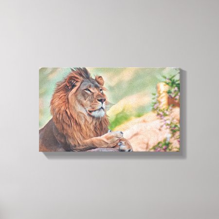 Regal Lion Sunbathing With Flowers Graphic Art Canvas Print