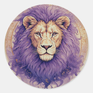 Regal Lion with Purple Mane and Cosmic Accents Classic Round Sticker