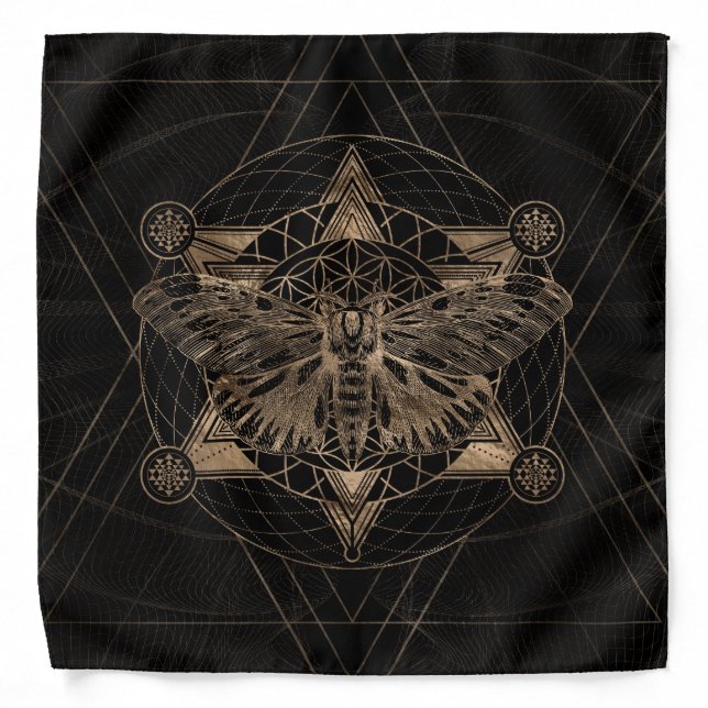 Regal moth in Sacred Geometry - Black and Gold Bandana (Front)