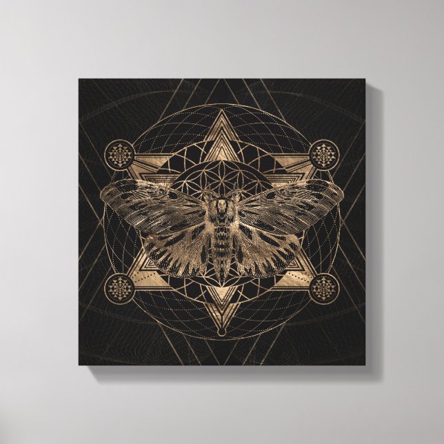 Regal moth in Sacred Geometry - Black and Gold Canvas Print (Front)