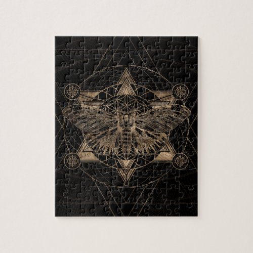 Regal moth in Sacred Geometry _ Black and Gold Jigsaw Puzzle