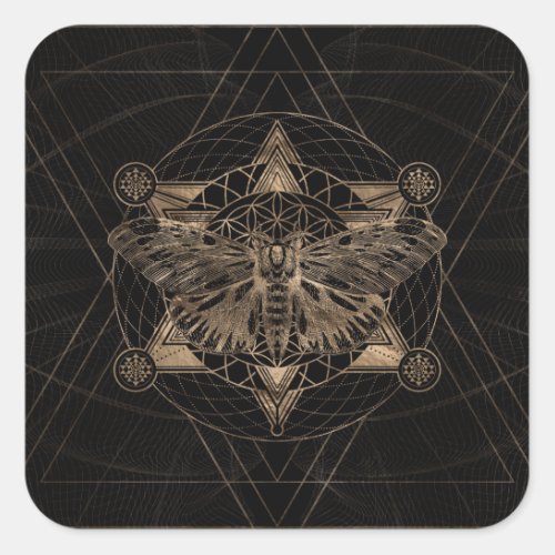 Regal moth in Sacred Geometry _ Black and Gold Square Sticker