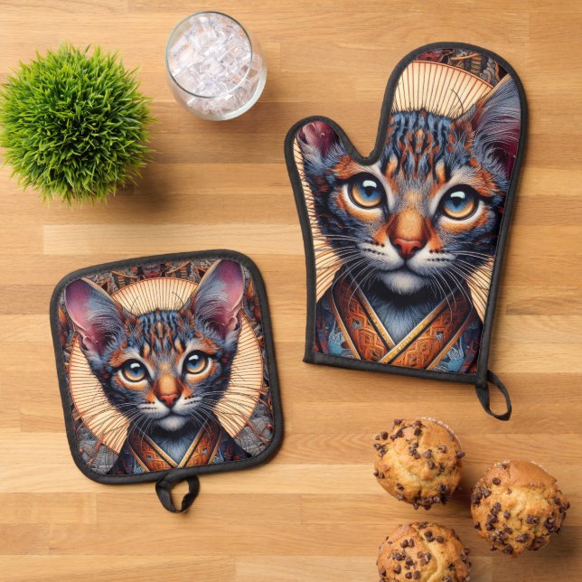 Regal Mythic ornate fantasy feline  Oven Mitt & Pot Holder Set (Top Down)