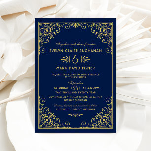 Regal Navy Gold Filigree Wedding Invitation