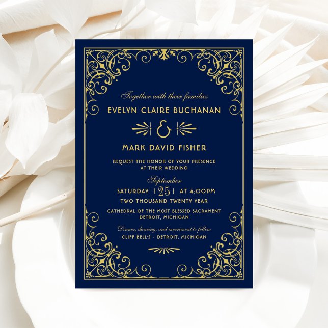 Regal Navy Gold Filigree Wedding Invitation (Creator Uploaded)
