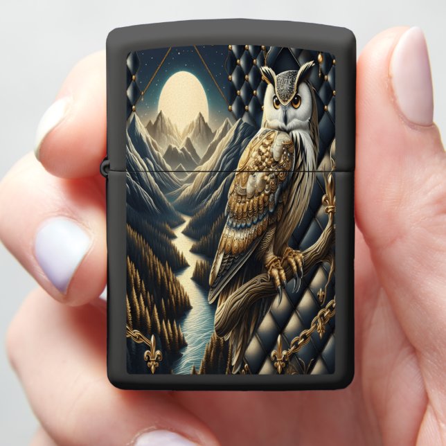 Regal Owl Mountain Ocean Leather Art Zippo Lighter (In Hand)