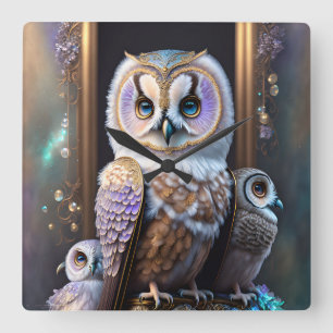 Regal owls in pastel lavender square wall clock