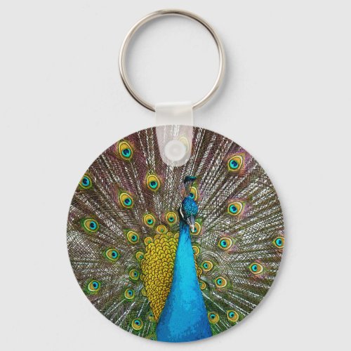 Regal Peacock Bird with Teal and Gold Plumage Keychain