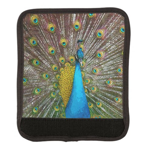 Regal Peacock Bird with Teal and Gold Plumage Luggage Handle Wrap