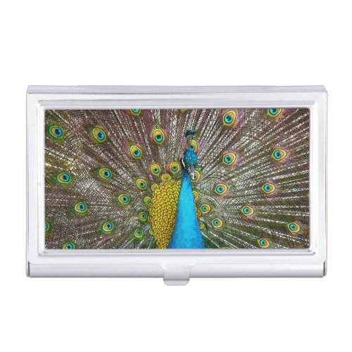 Regal Peacock with Teal and Gold Tail Feathers Business Card Case