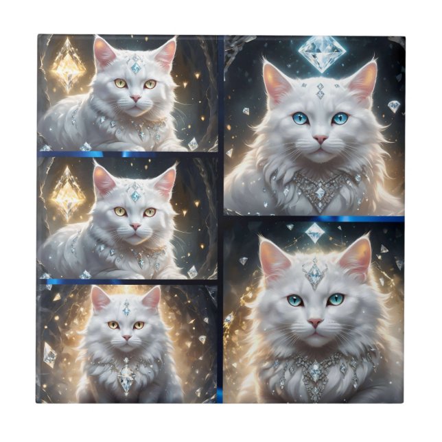 Regal Persian White Fluffy Cat Photo Collage, Ceramic Tile (Front)