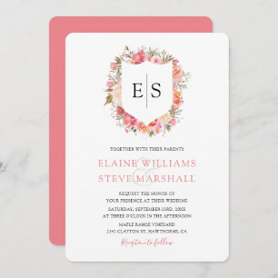 Regal Pink Floral Monogram Crest Wedding Invitation